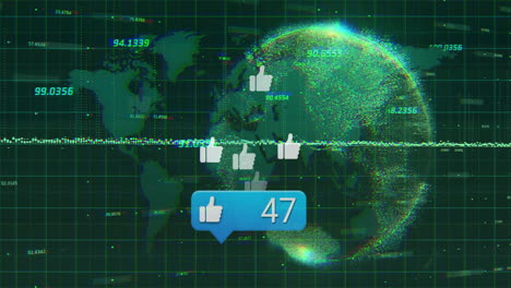 social media likes animation over digital globe and world map background