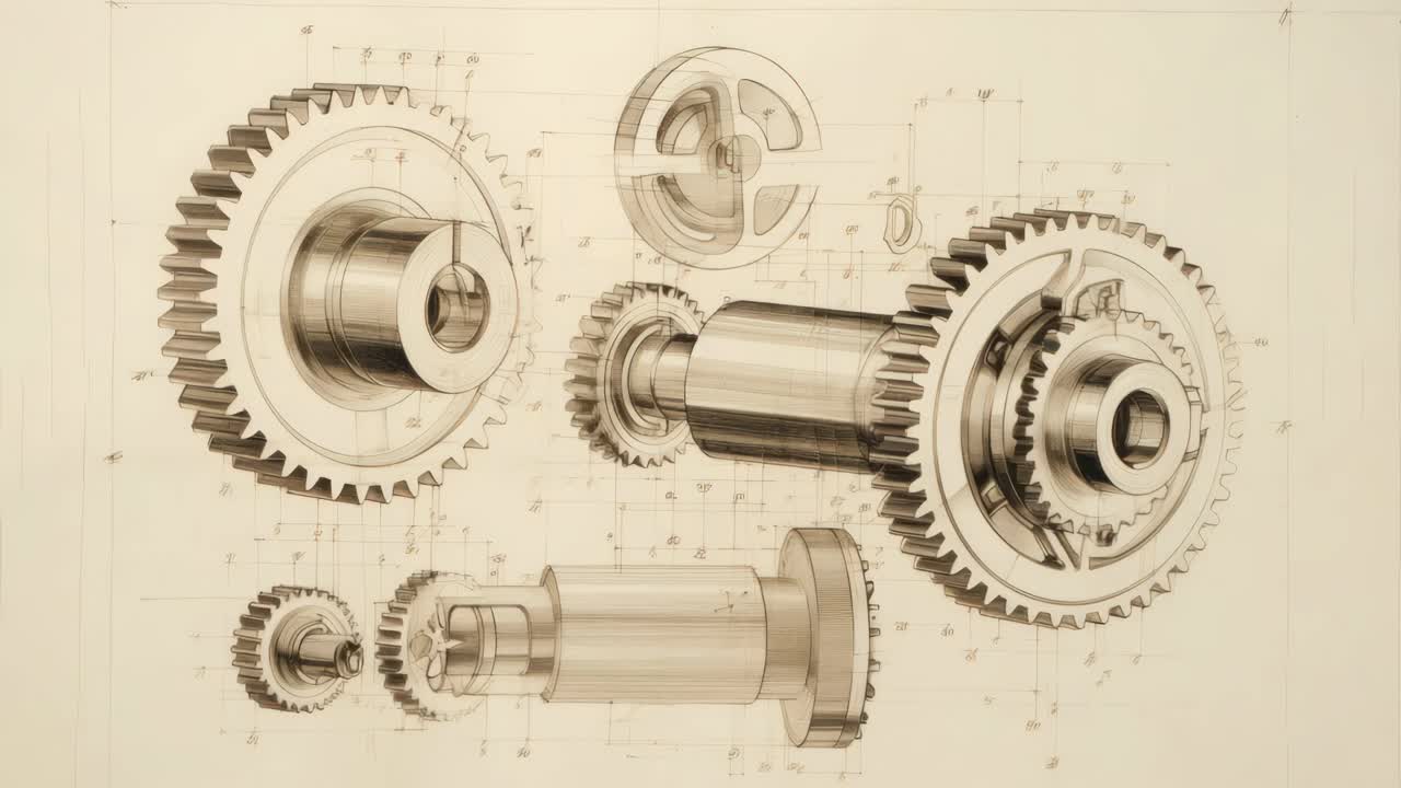 Technical sketch of mechanical gears in sepia tone, viewed from a top-down angle