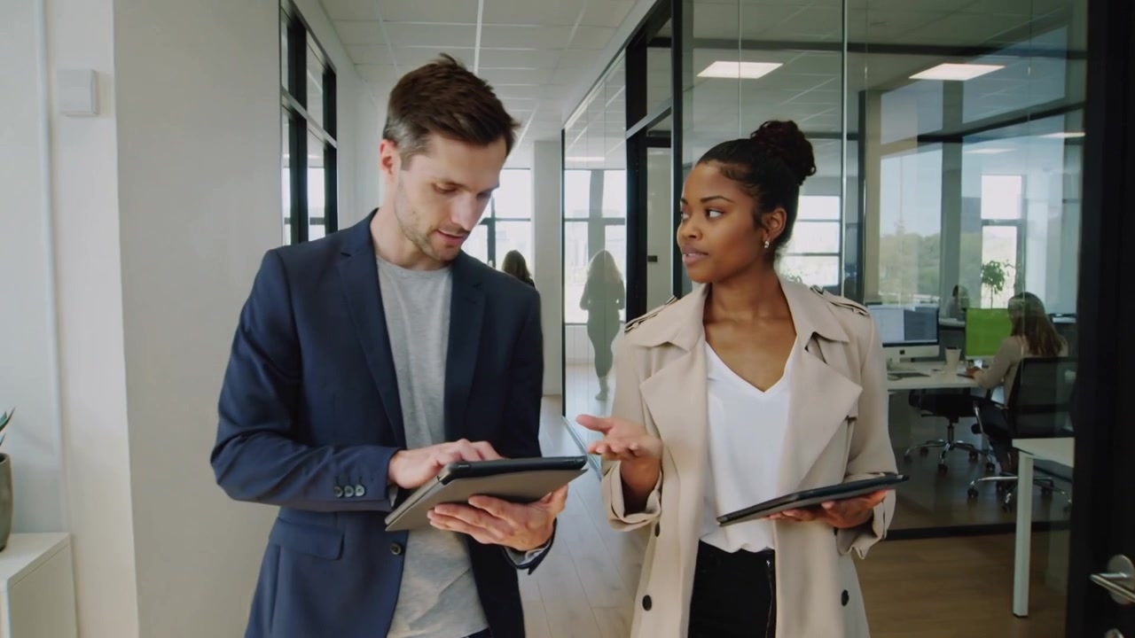 Walking colleagues, blazer man tapping tablets in glass corridor, woman starting discussion on work
