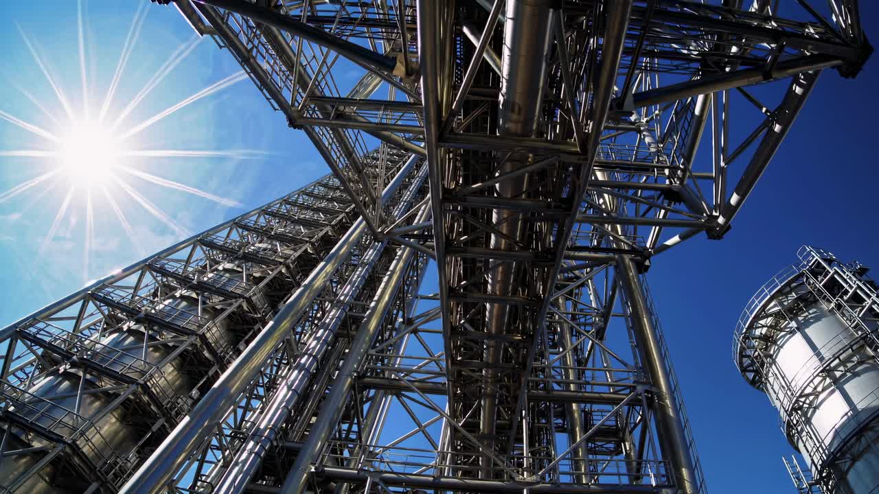 Dramatic low-angle shot of industrial metal structures against a bright blue sky