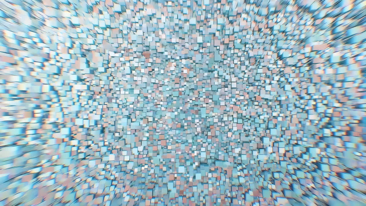 Turquoise Pixel Vortex Mosaic Sweeping Inward, Digital Particle Tunnel With Shimmering Squares And Radial
