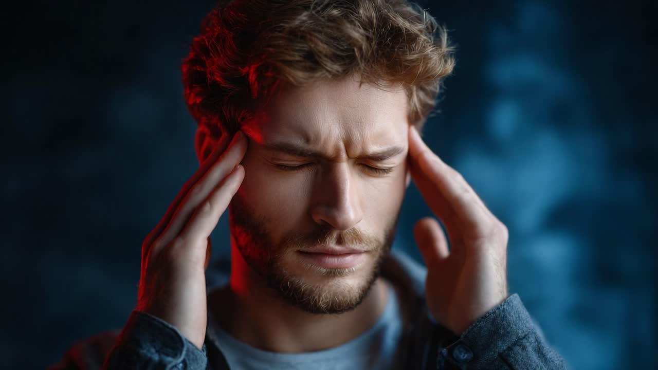 A Young Man Struggles with Intense Discomfort as He Holds His Head in Pain, Captured in Two Frames that Show the Depth of His Emotional Distress and Strained Expression