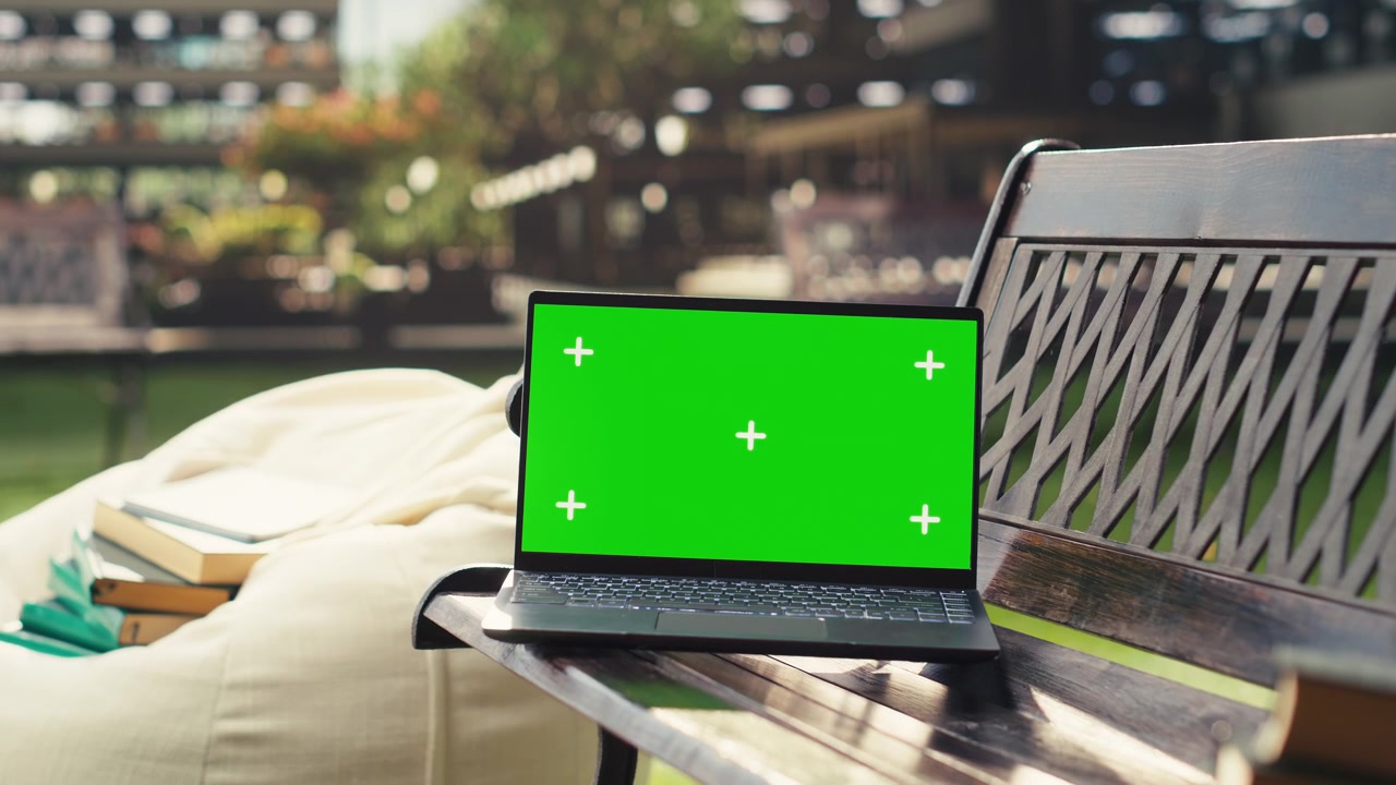 Layar maket terisolasi pada laptop yang diletakkan di bangku kampus