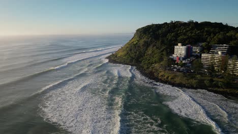 Wide-aerial-over-Burleigh-Heads-moving-south,-Gold-Coast,-Australia