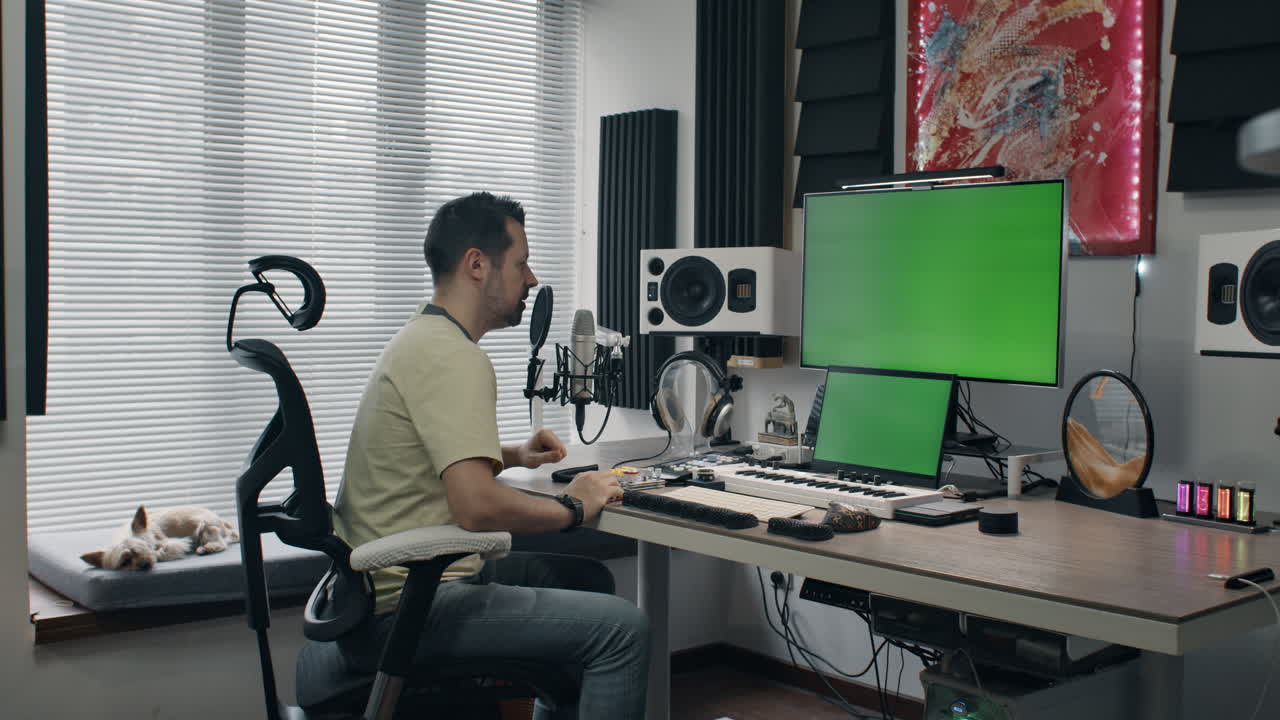 Digital creator working at home in a modern studio, playing music and using technology, green screen