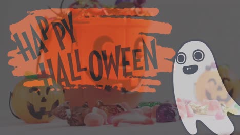 animation of happy halloween text with ghost over orange pumpkin buckets with sweets