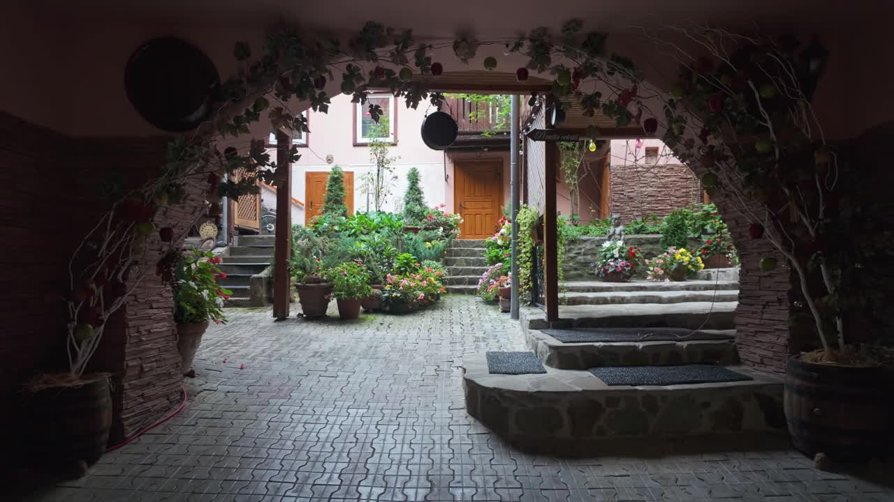 Picturesque courtyard in Sighișoara framed by a vine-covered archway with stone steps, potted flowers, and traditional wooden architecture in Romania