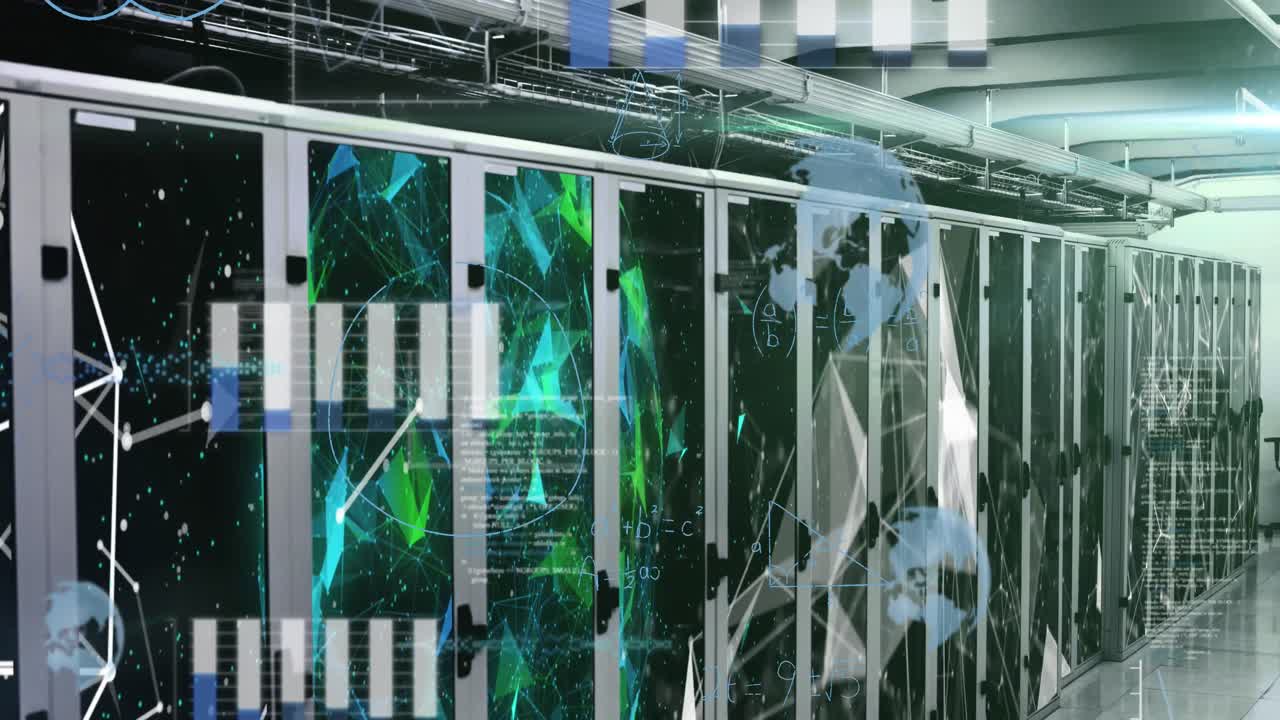 Animation of plexus networks, mathematical equations and data processing against computer servers