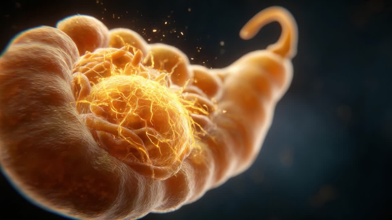 Una visione ravvicinata di un vibrante processo biologico: l'interazione dinamica tra strutture cellulari ed elementi energetici in un ambiente organico.