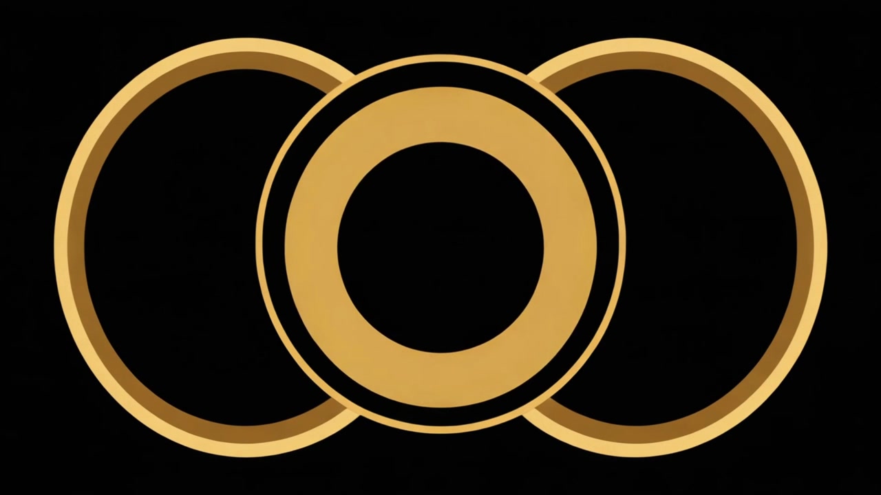 Anelli d'oro astratti rotanti su sfondo nero
