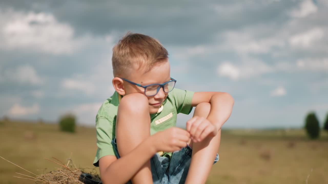 안경을 쓴 어린아이가 따뜻한 빛 아래 앉아서 부드러운 미소를 지으며, 광활한 농경지와 먼 나무로 둘러싸여, 빛이 그의 얼굴에 반사됩니다.