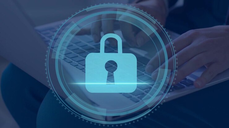 Woman typing on laptop keyboard, starting cybersecurity HUD with rings and padlock, securing system