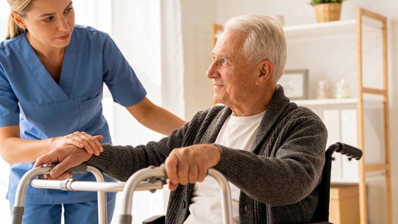 En omsorgsperson i blå arbeidsklær legger merke til en ustø holdning, plasserer en rullator og støtter en eldre person hjemme.