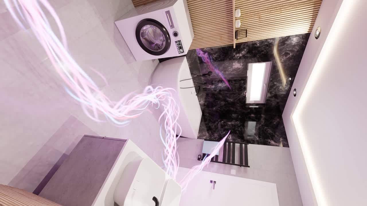 3d 렌더링에서 에너지 흐름 현대 집 화장실 현대 인테리어 디자인 아키텍처의 애니메이션