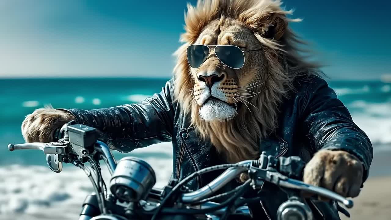 Ein Löwe mit Sonnenbrille, der am Strand Motorrad fährt