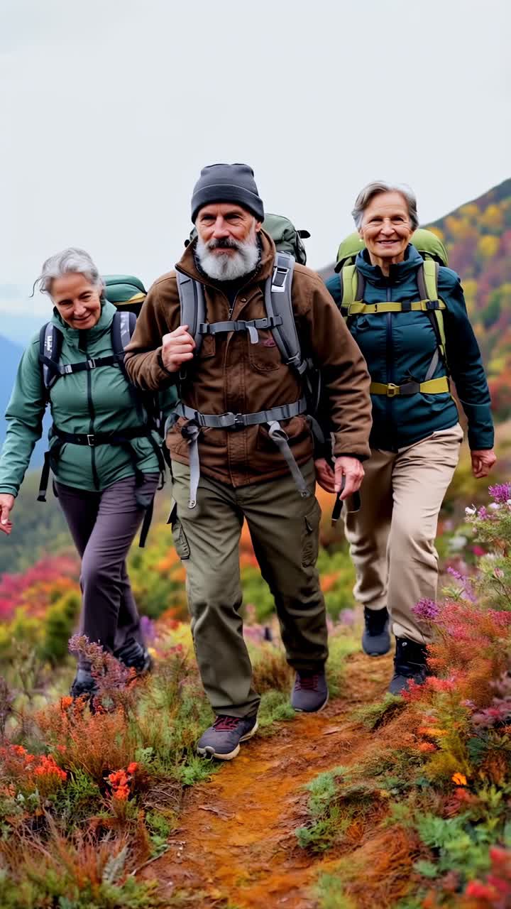 Senior hikers enjoying fresh air and blooming trails.