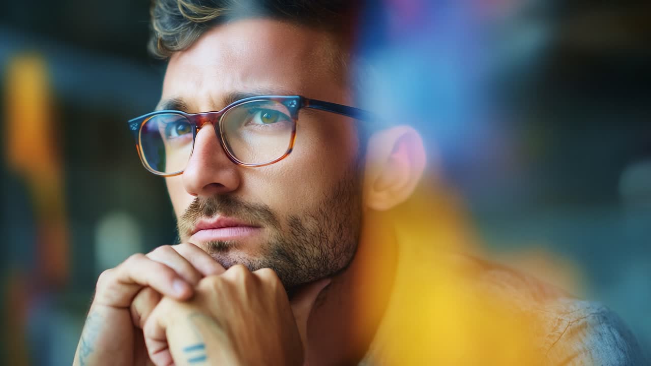 Contemplative Moments: A Thoughtful Man Reflects Deeply While gazing Through a Colorful Reflection, Exploring the Depths of Introspection and Emotional Resonance