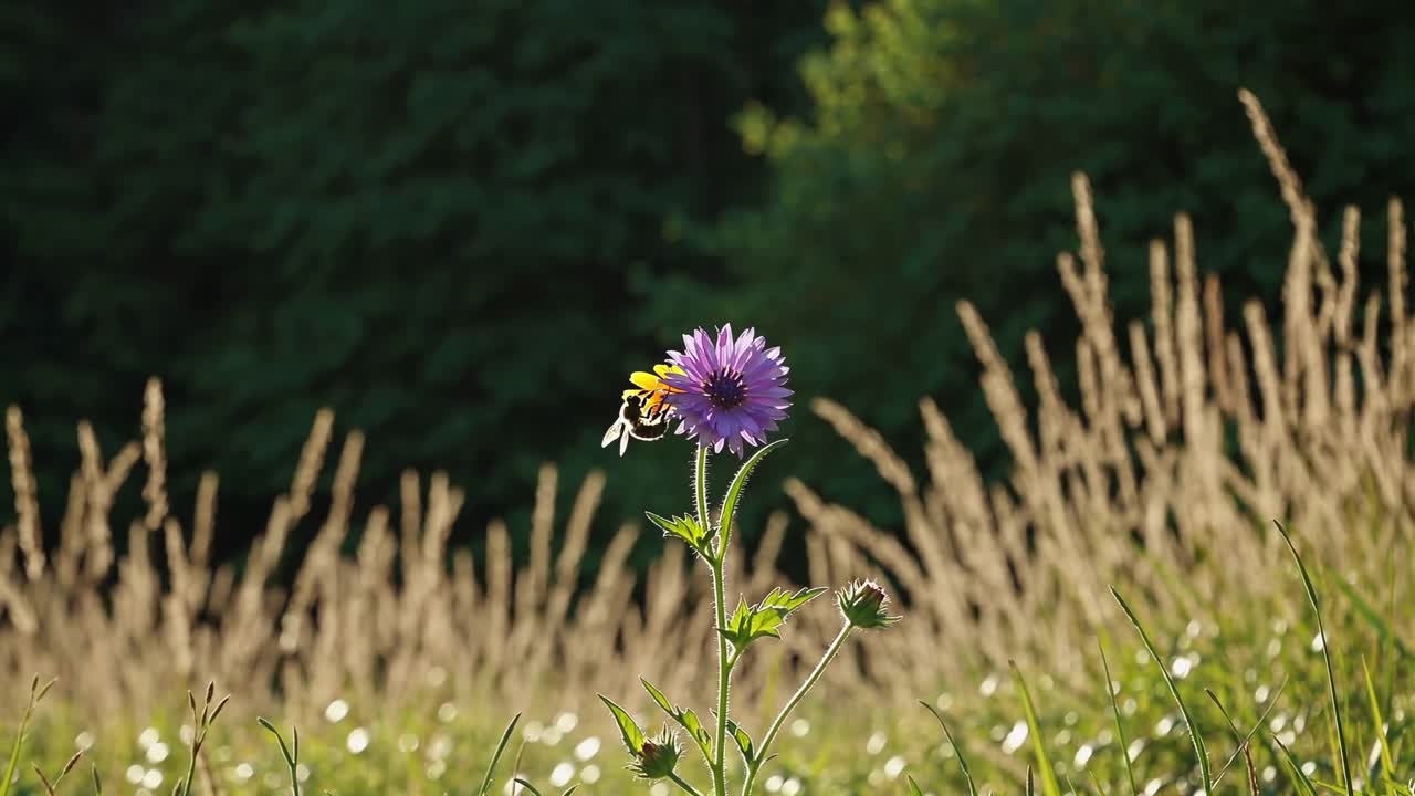 Close-up, eye-level shot of a bee on a purple flower in a sunlit meadow, creating a serene, natural