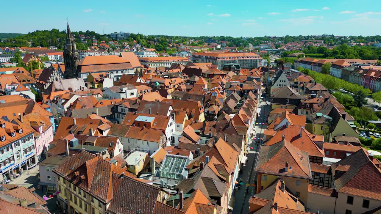 4K Aerial Drone Video of the Historic St. Johannis Church in the Old Town area of Downtown Ansbach, Germany