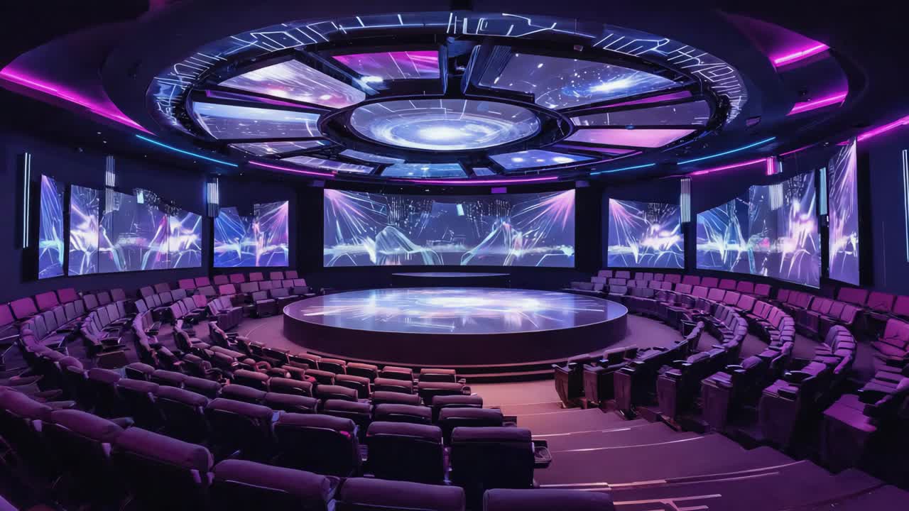 Futuristic Empty Auditorium with Circular Stage and Purple Lighting
