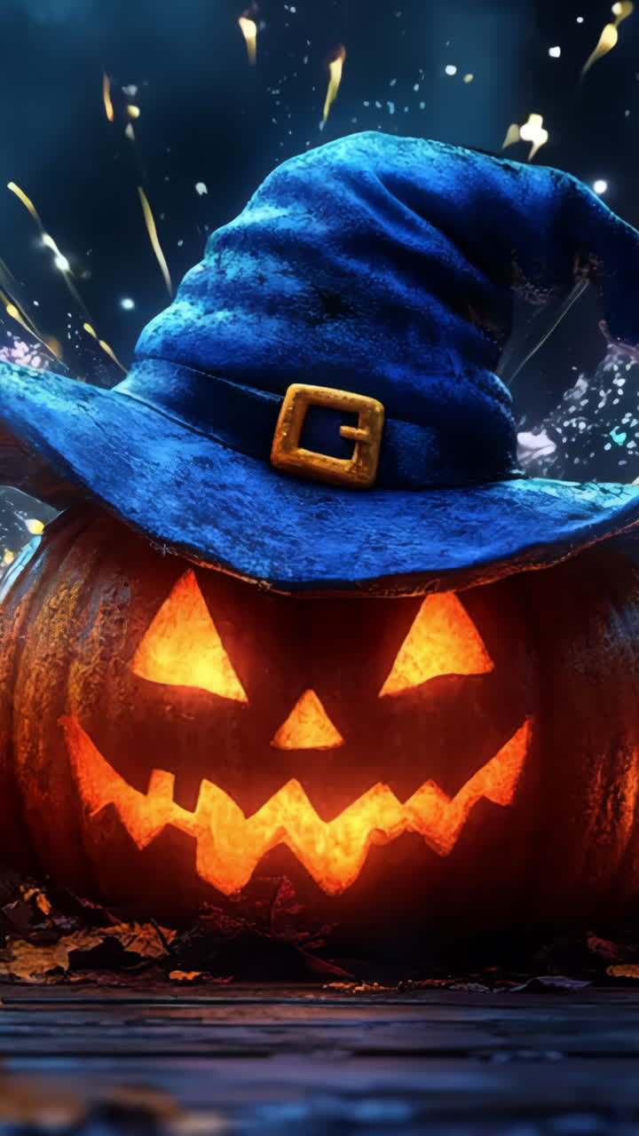 A blue hat is on top of three pumpkins. The pumpkins are lit up and have scary faces