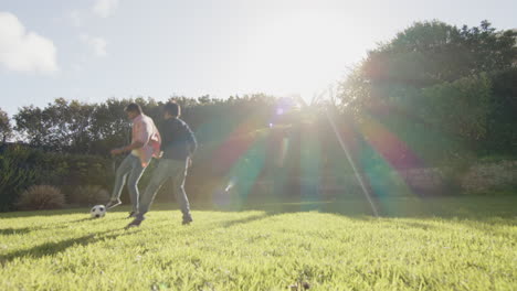 playing soccer on grass field, indian father and son enjoying sunny day outdoors