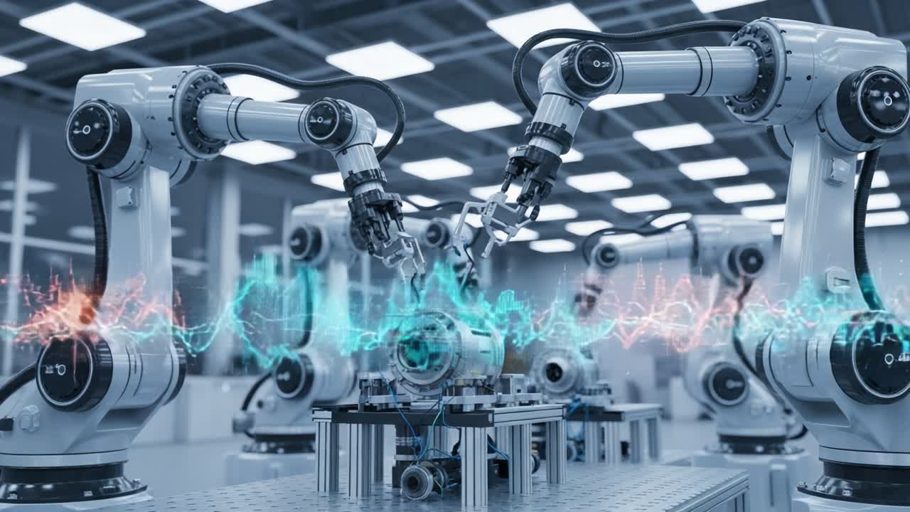 Advanced Robotics in Action: A Dynamic Assembly Line Showcasing Precision Engineering and Innovative Automation Technologies with Robotic Arms and Smart Sensors