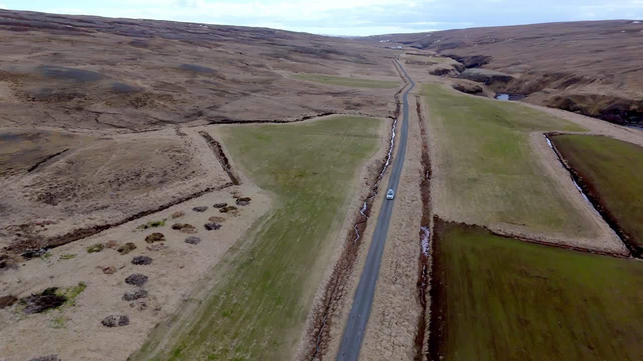 aerial view of car driving in Iceland during a road trip