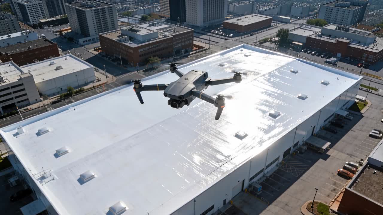 Enviando comando, piloto controlando um drone compacto sobre um telhado branco, gravando para inspeção da cobertura.