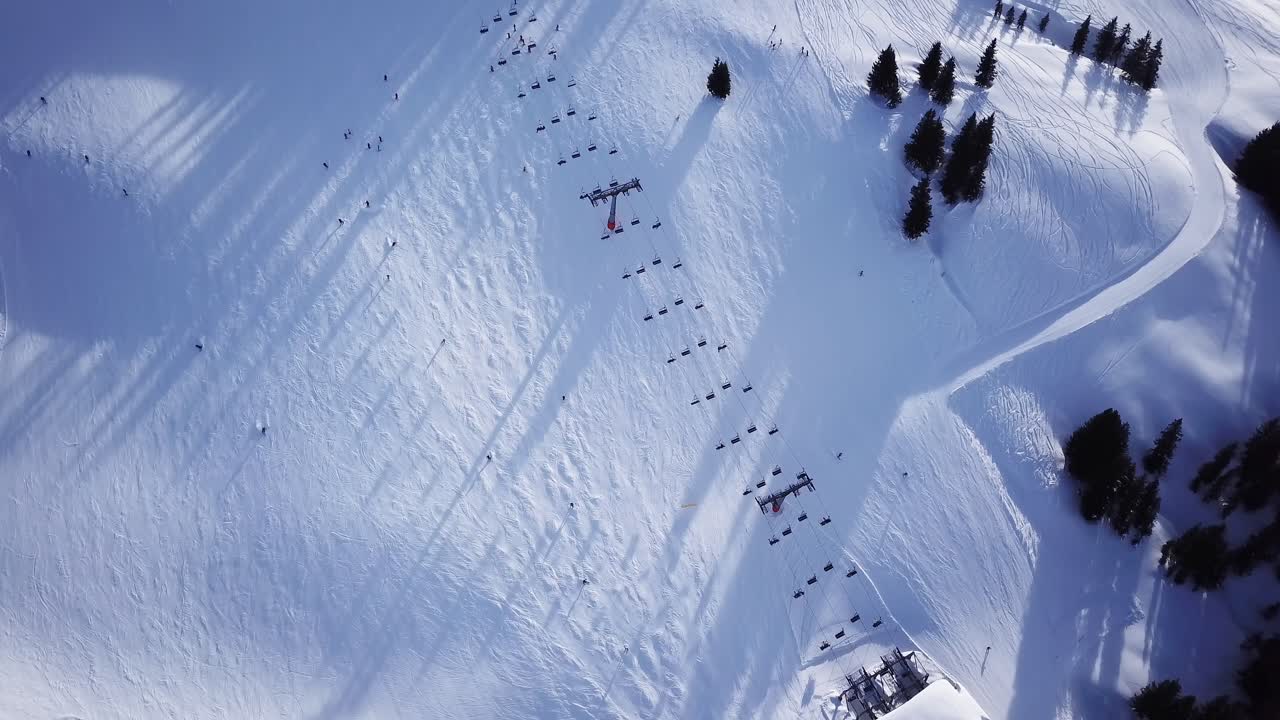 Aerial view of a ski slope in a ski resort in the Tyrolean Alps in Austria