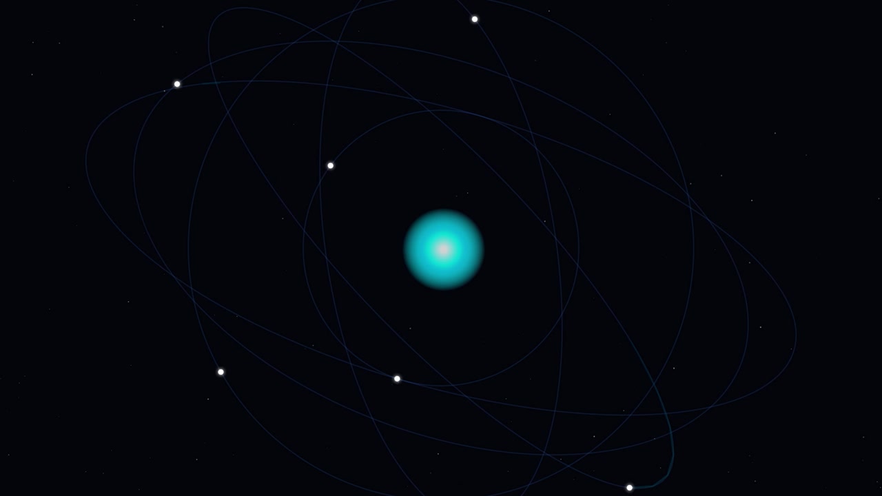 Animazione astratta di un nucleo luminoso con particelle in orbita
