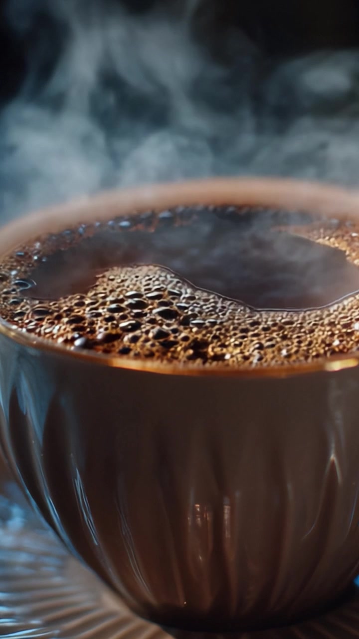 Et nærbillede af en dampende kop kaffe, der fanger den rige aroma og boblende overflade af friskbrygget kaffe i et smukt udformet krus.