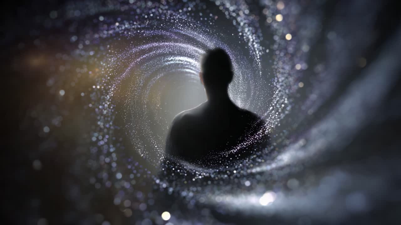 Un viaggio mistico attraverso una spirale cosmica: un incontro etereo con l'universo dalla prospettiva di una silhouette tra infinite stelle e galassie