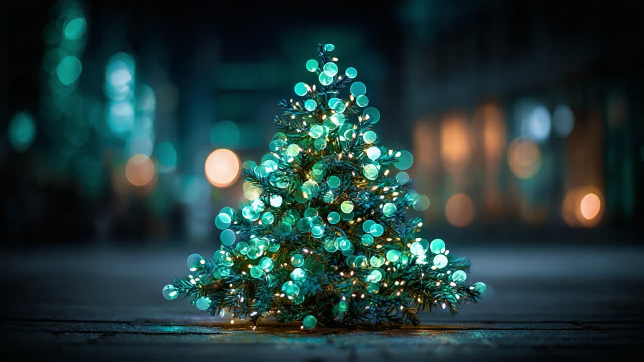 A Captivating Display of a Beautifully Decorated Christmas Tree Adorned with Glimmering Lights in a Magical Urban Setting at Night