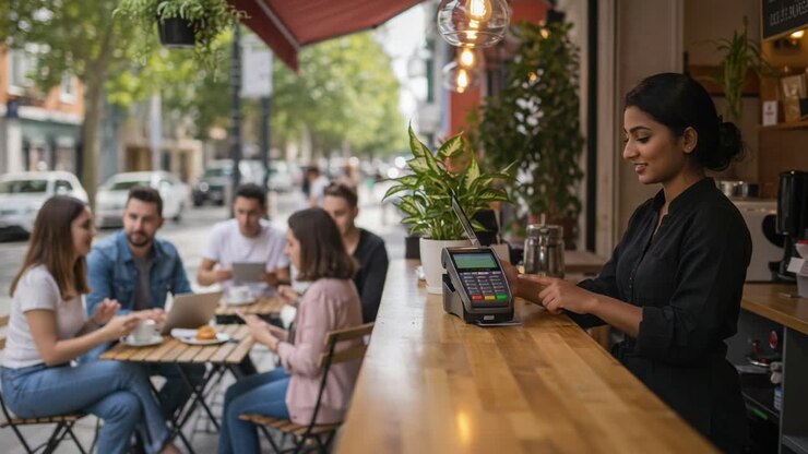Scena in un caffè: un barista concentrato si occupa della cassa mentre gli amici si godono il loro tempo a un tavolo esterno caldo e accogliente.