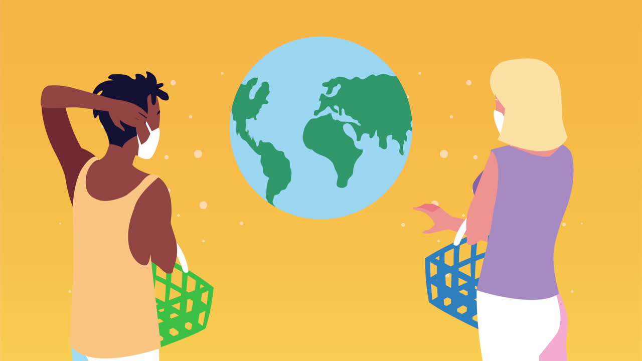 люди с масками и корзинами для покупок смотрят на землю