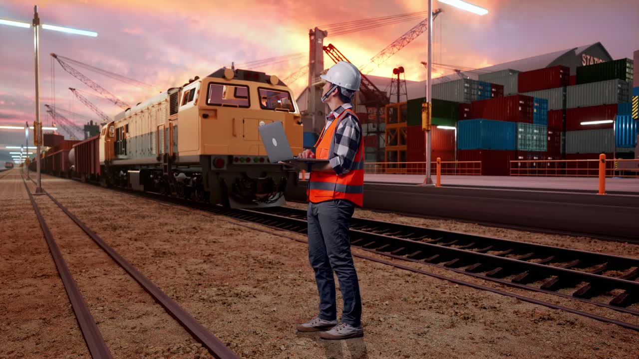 Full Body Side View Of Asian Male Engineer With Safety Helmet Working On A Laptop And Looking Around While Standing With Freight Cargo Train At Port