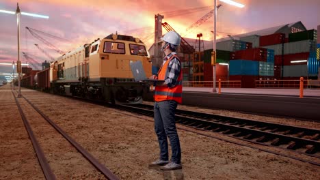 full body side view of asian male engineer with safety helmet working on a laptop and looking around while standing with freight cargo train at port