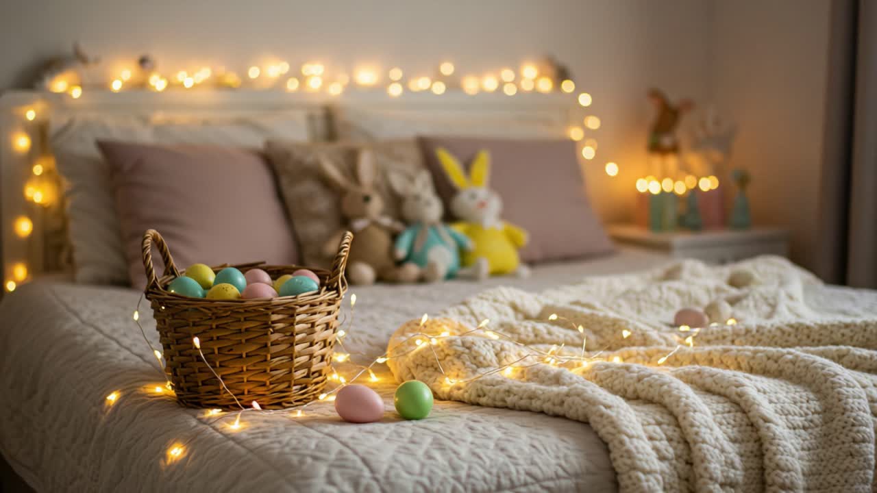 A Cozy Bedroom Scene Featuring a Beautifully Arranged Basket of Colorful Easter Eggs Set Against a Softly Lit Bed with Plush Toys and Twinkling Fairy Lights for a Festive Atmosphere