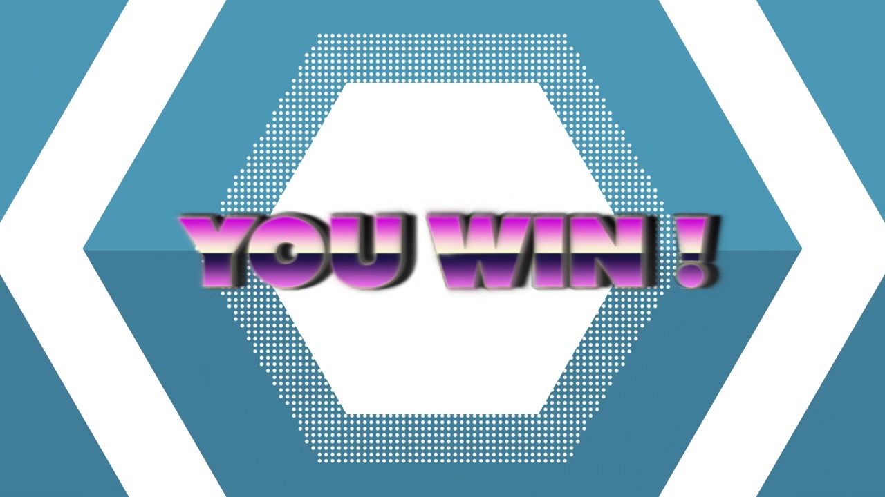 Animation of you win text over geometrical shapes on blue background