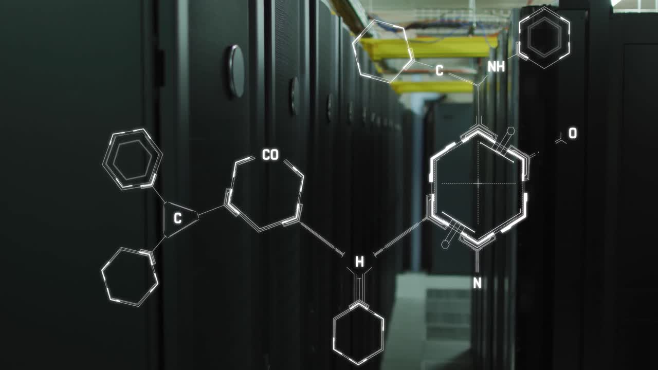 animación de estructuras moleculares conectadas con líneas contra la sala de servidores.