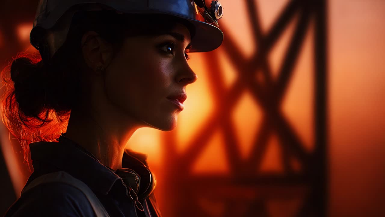 In the golden glow of sunset, a female worker stands resilient and contemplative, showcasing strength and determination as she navigates the challenges of her profession amidst a backdrop of industrial beauty