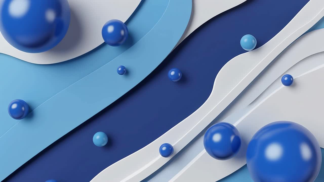 Animierte blaue und weiße Wellenformen mit schwebenden Kugeln