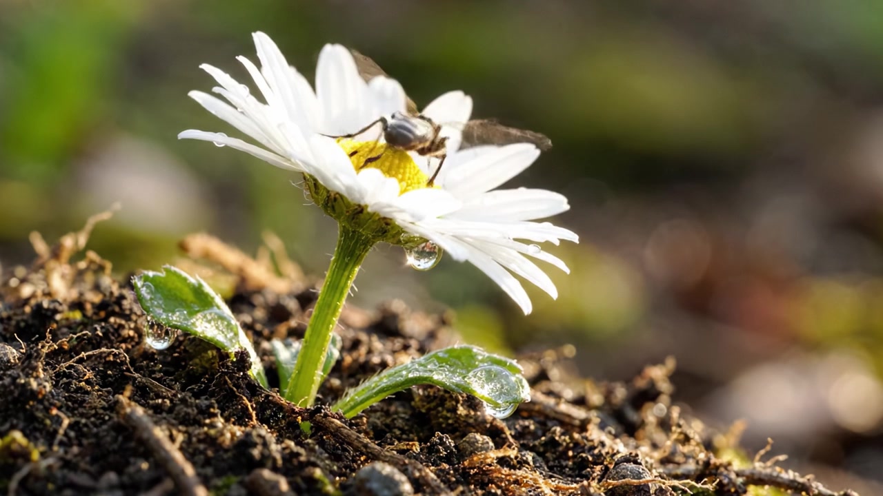 En motstandsdyktig blomst som spirer fra jorden: Fanger skjønnheten i naturens fornyelse med duggdråper på bladene i mykt morgenlys