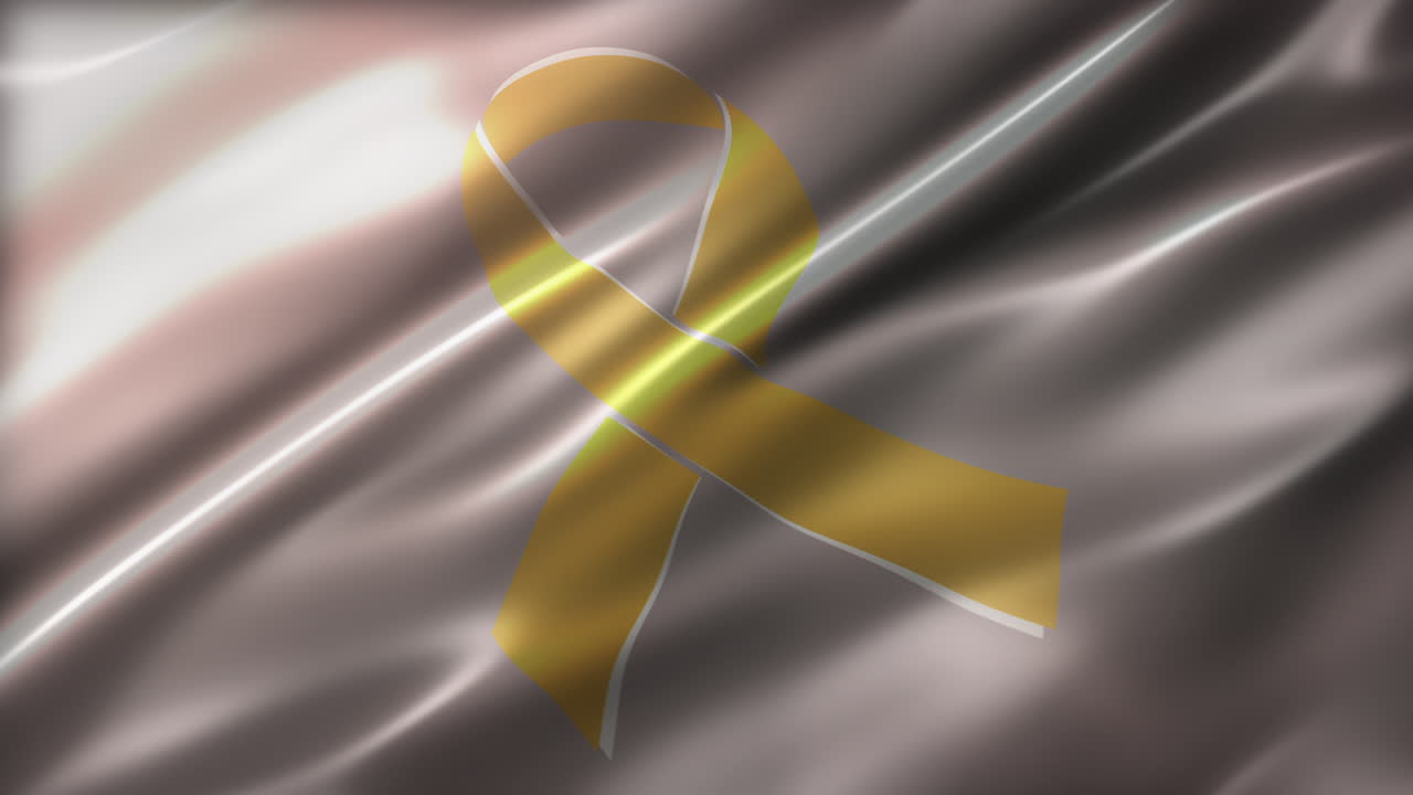 Bone Cancer Yellow Ribbon, Awareness flag, perspective view, high-angle, glossy, elegant silky texture, realistic 4K CG animation, sleek, slow-motion fluttering, seamless loop-able