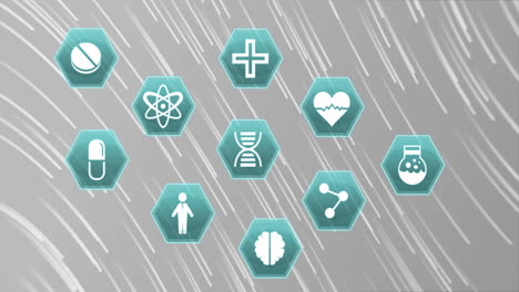 animation of medicine icons and shapes on gray background