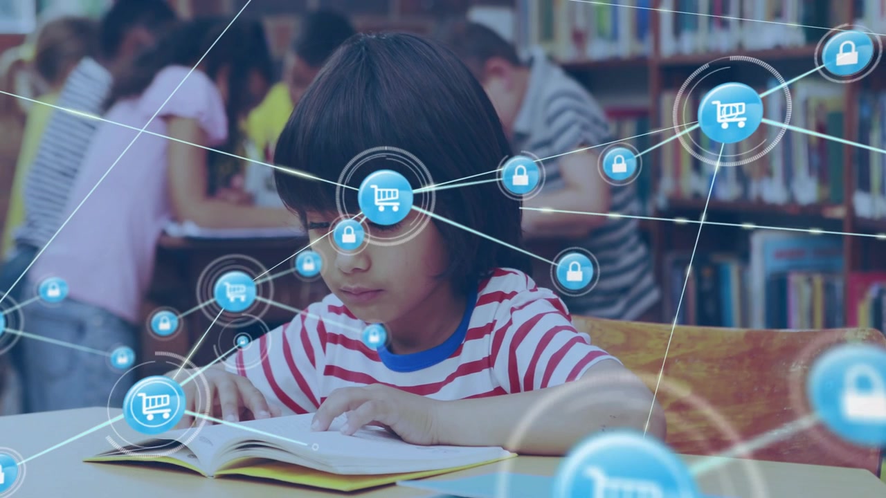 Girl reading, blue ring appearing, growing cart lock network around library teaching digital safety