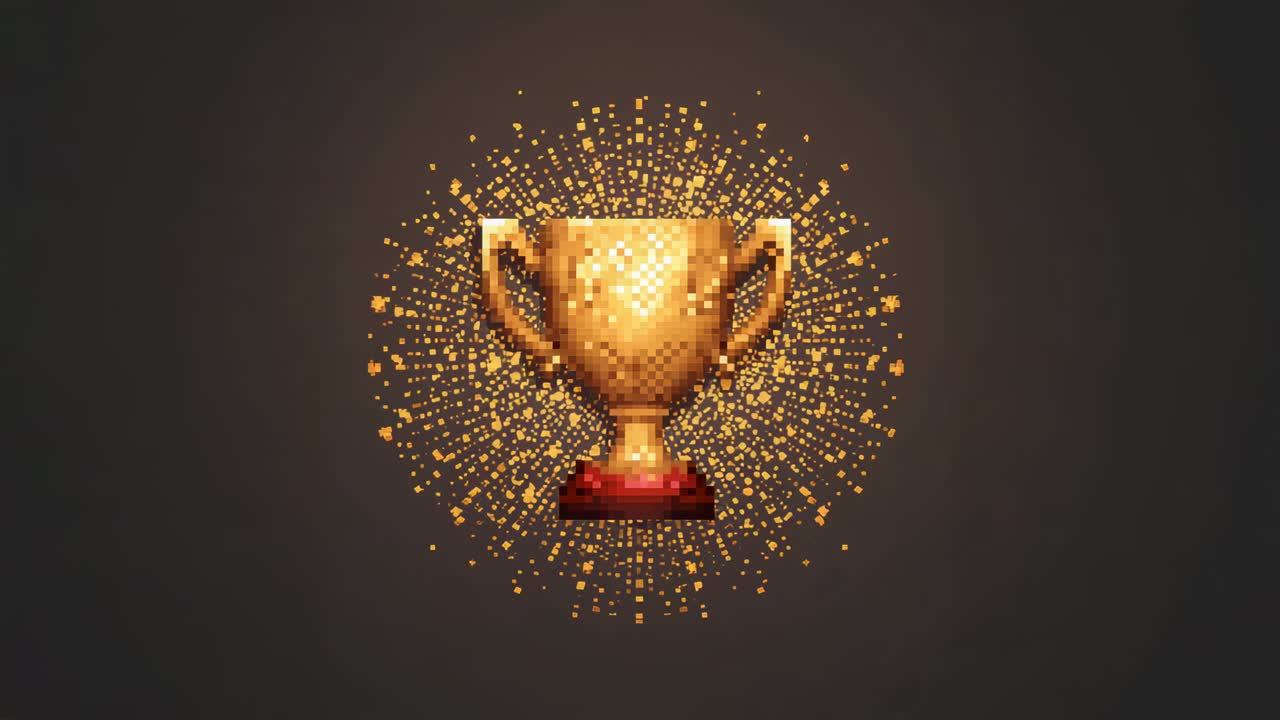Animating pixel golden trophy glowing on dark gradient, red pedestal deepening, particles bursting