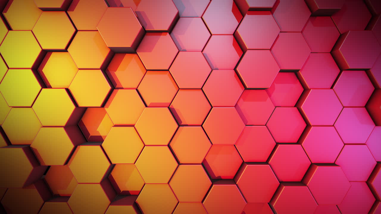 Movement of red hexagonal 3D cylinders. Textured relief background from geometric shapes. Honeycombs with shadows in yellow lighting.
