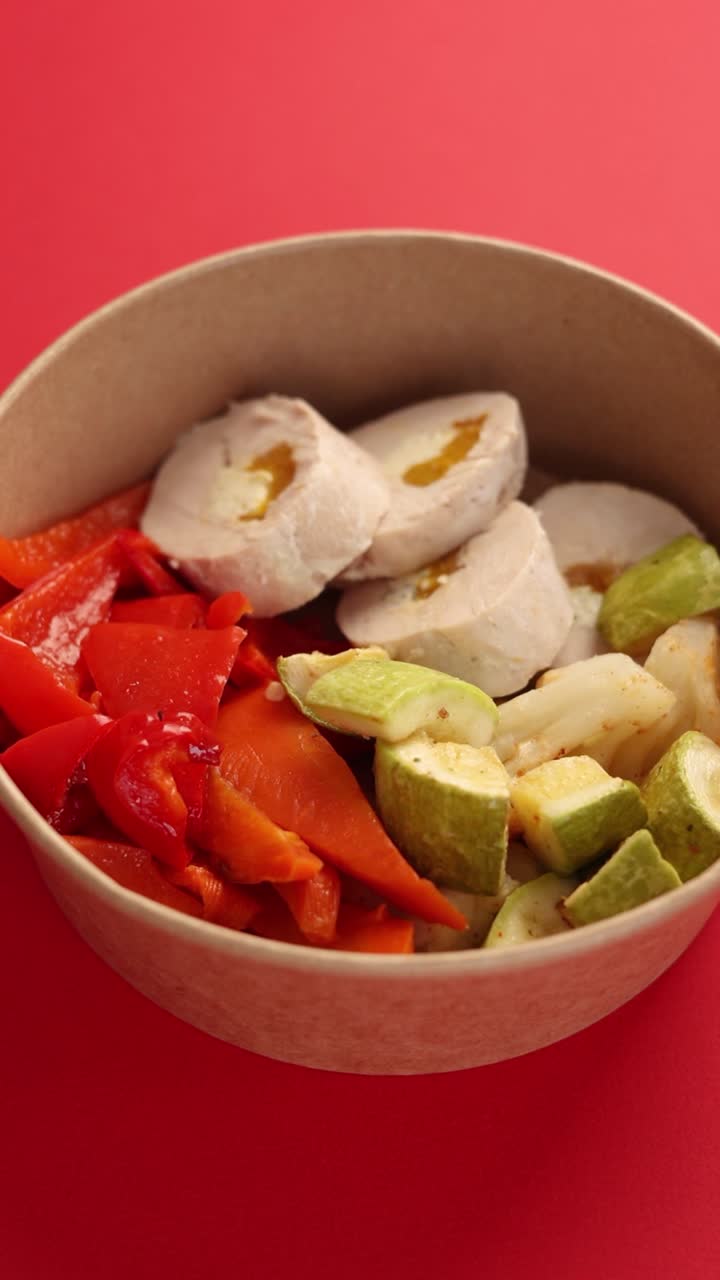 테이크아웃 상자 에 구운 채소 로 채워진